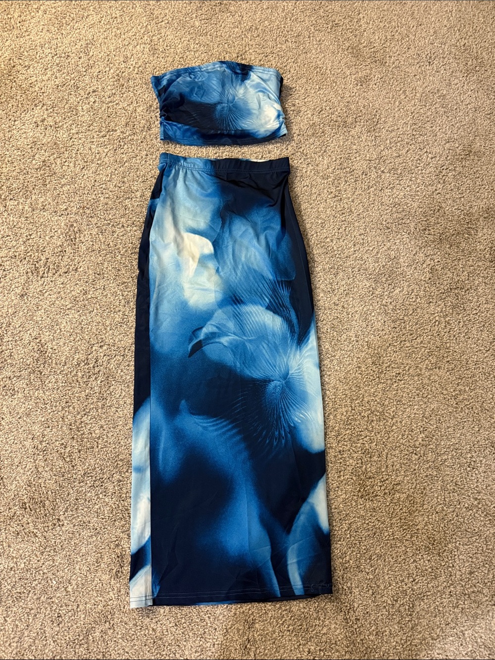 Blue Floral Print Strapless Midi skirt and Top